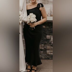 Black Tie-Shoulder Satin Dress